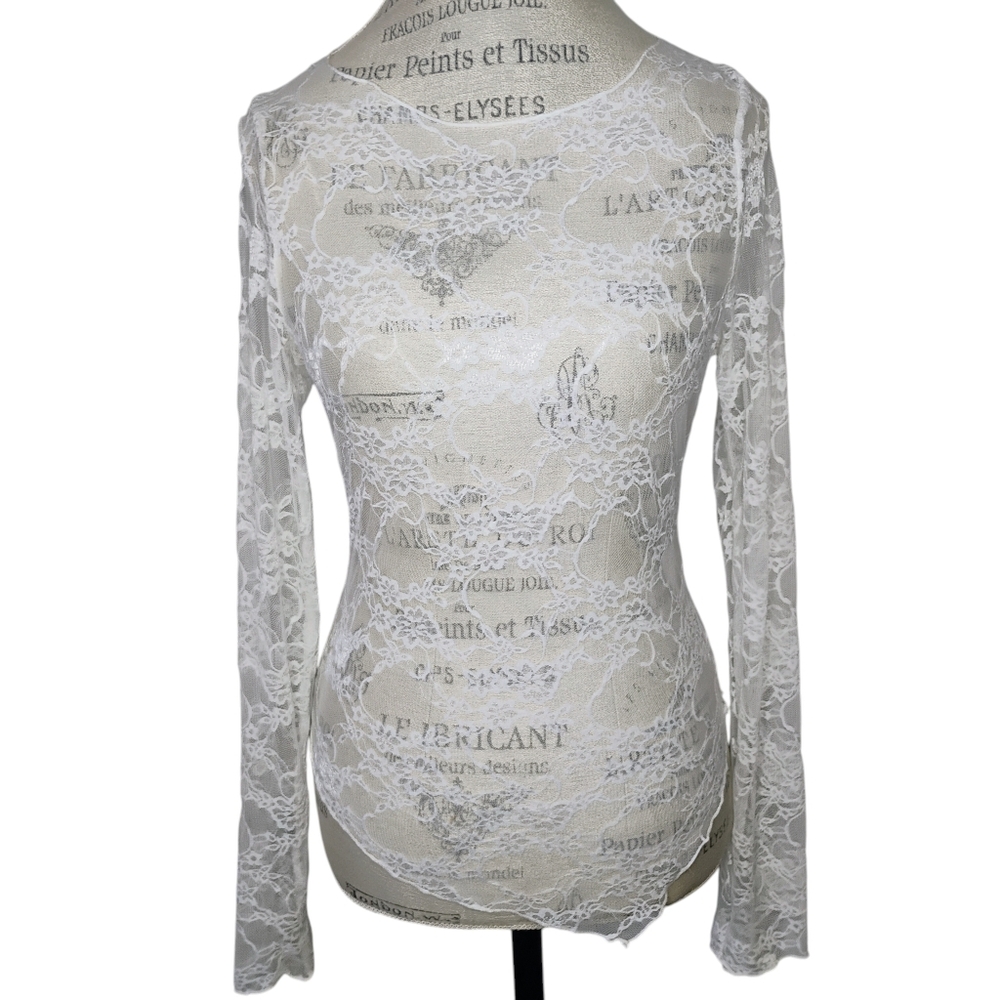 Just Polly Sheer Lace Long Sleeve Top White Lg Asymmetric Fairy Coquette Angel